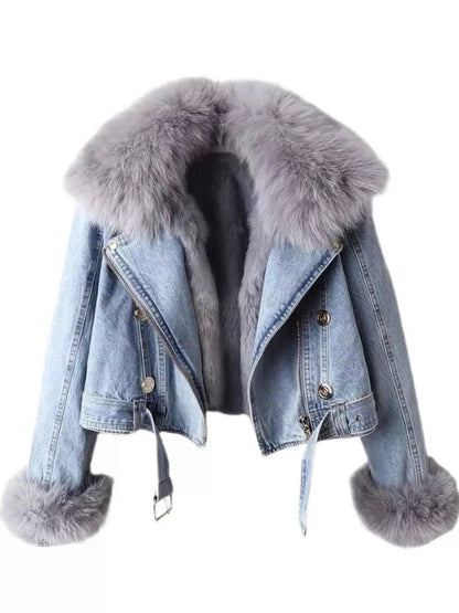 Full Size Faux Fur Collar Denim Jacket Plus Size