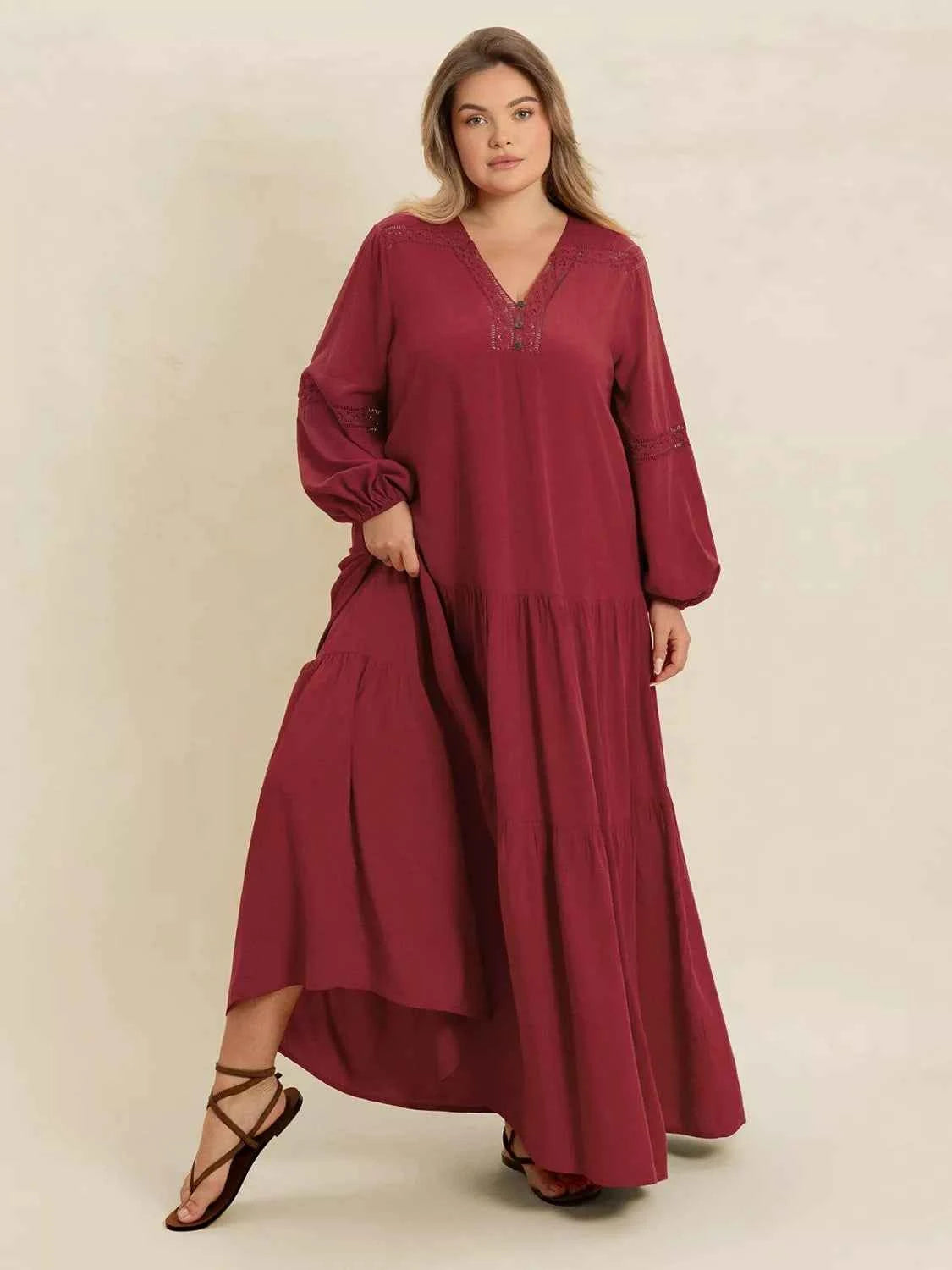 Plus Size Bohemian Tiered Maxi Dress with Balloon Sleeves