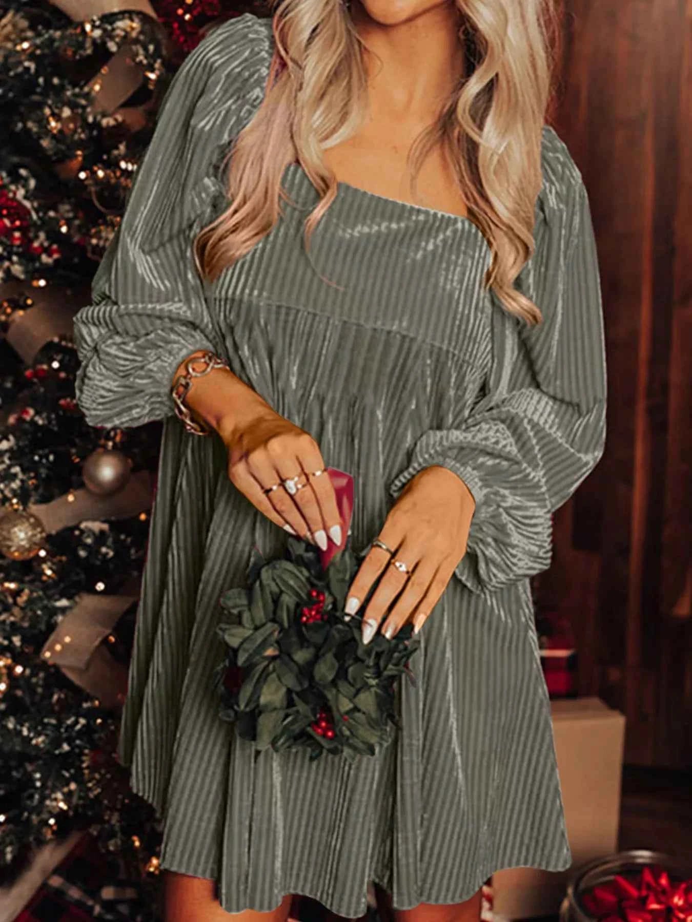 Tie Back Square Neck Velvet Babydoll Dress