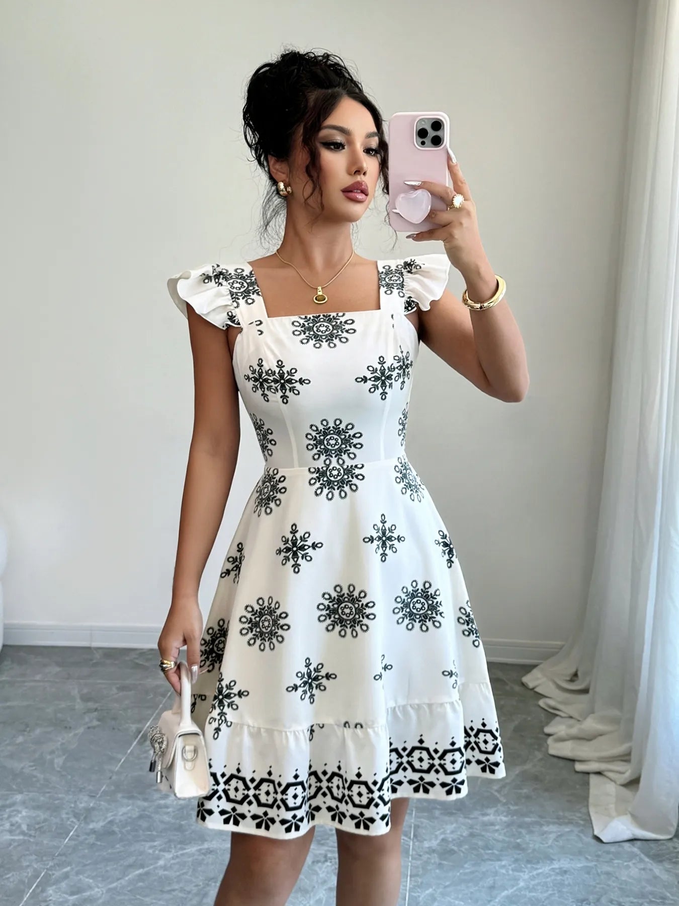 Printed Ruffled Cap Sleeve Dress - DevilShop