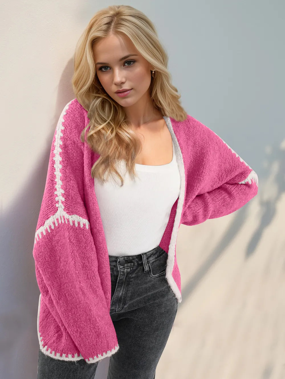 Double Take Contrast Open Front Dropped Shoulder Cardigan - DevilShop