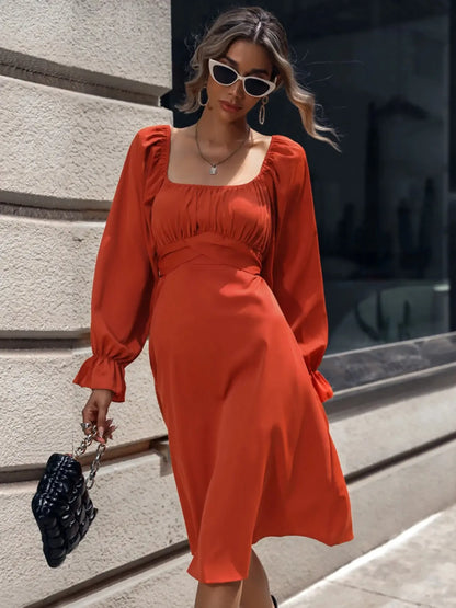 Square Neck Flounce Sleeve Midi Dress - DevilShop