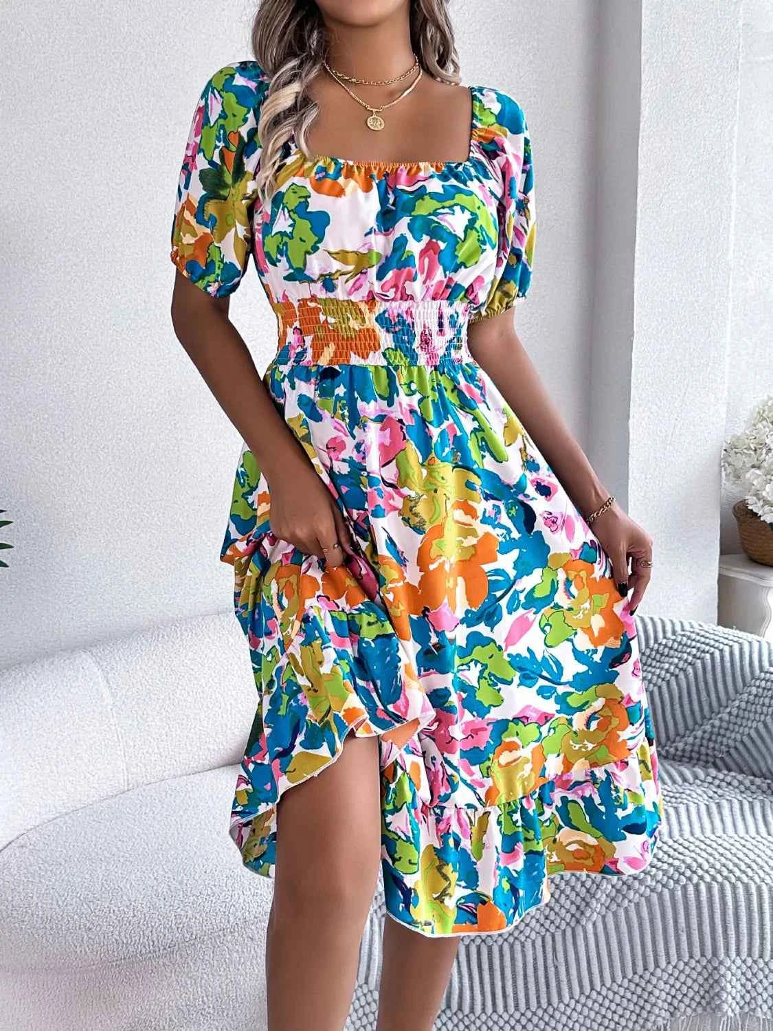 Ruffled Hem Smocked Floral Short Sleeve Midi Dress - DevilShop