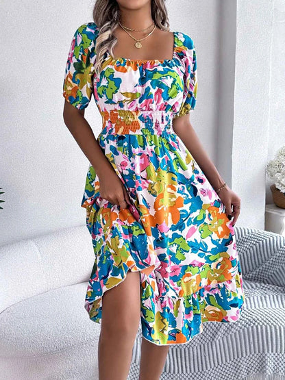 Ruffled Hem Smocked Floral Short Sleeve Midi Dress - DevilShop
