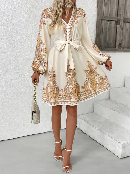 Printed Tie Waist Long Sleeve Dress - DevilShop