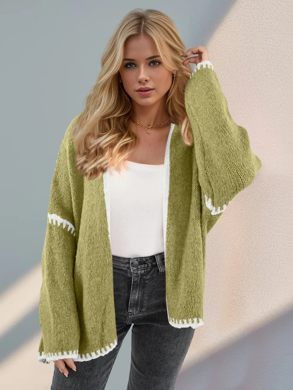 Double Take Contrast Open Front Dropped Shoulder Cardigan - DevilShop