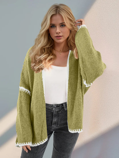 Double Take Contrast Open Front Dropped Shoulder Cardigan - DevilShop