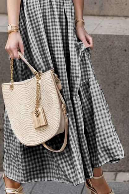 Full Size Smocked Ruffled Plaid Ruffle Hem Dress