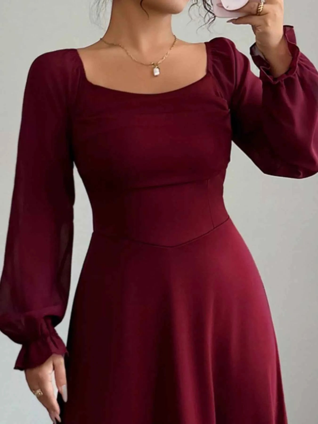 Flounce Sleeve A-Line Midi Dress