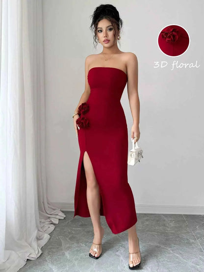 Front Split Strapless Dress with Floral Detail