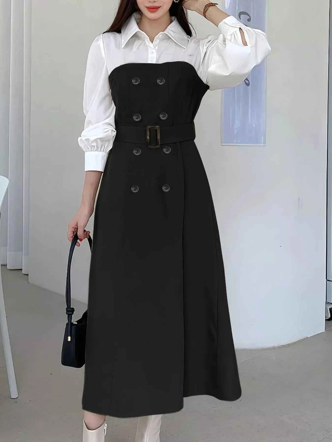 Two Tone Long Sleeve Collared Neck Dress