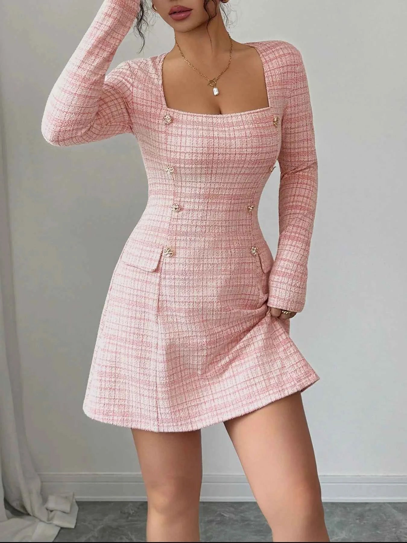 Square Neck Long Sleeve Dress - DevilShop