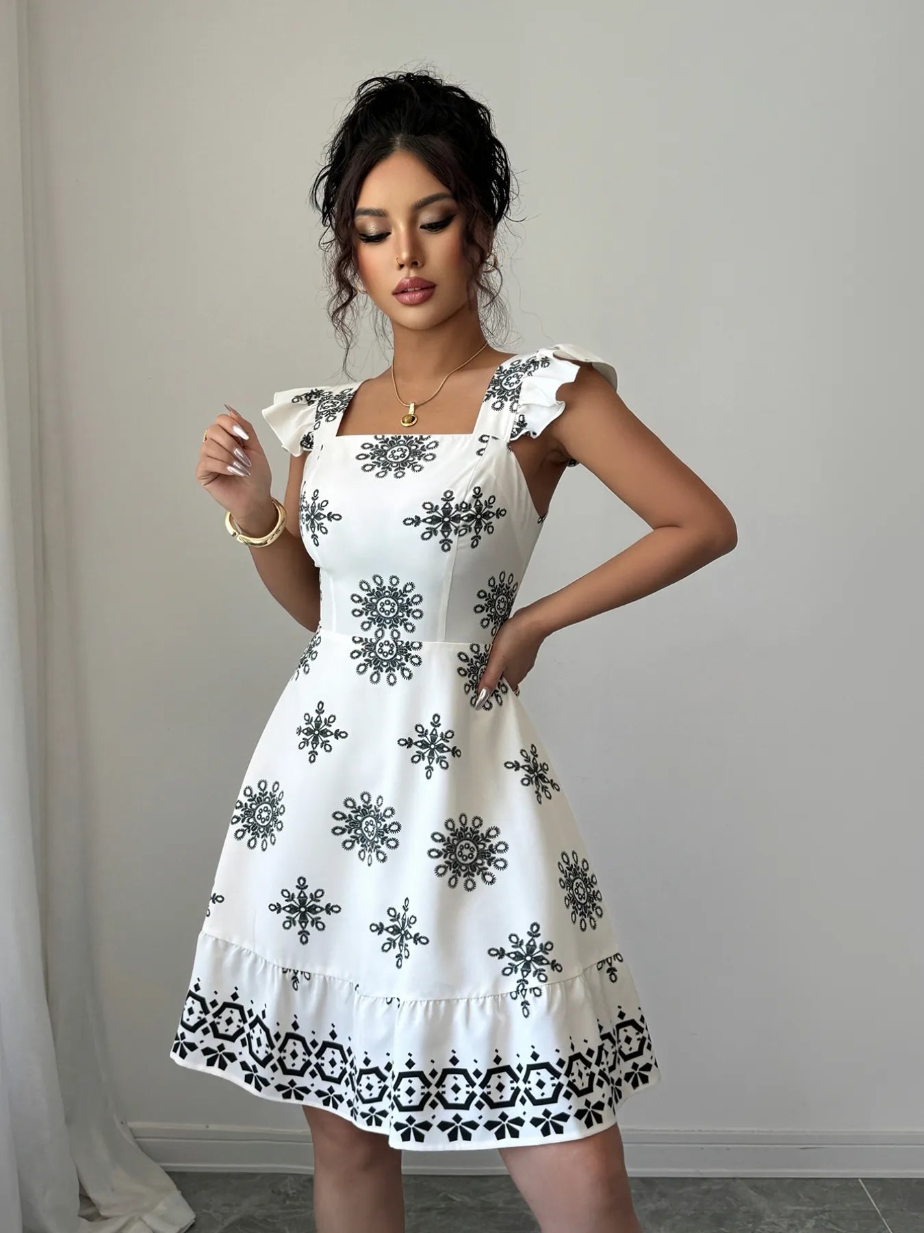 Printed Ruffled Cap Sleeve Dress - DevilShop