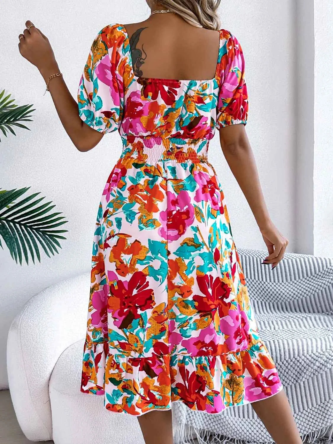 Ruffled Hem Smocked Floral Short Sleeve Midi Dress - DevilShop