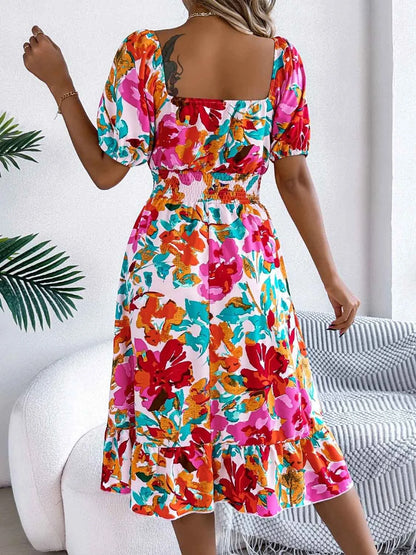 Ruffled Hem Smocked Floral Short Sleeve Midi Dress - DevilShop