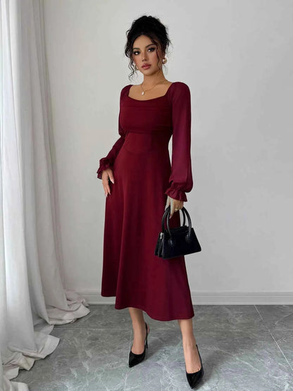 Flounce Sleeve A-Line Midi Dress