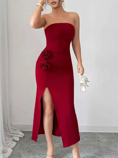 Front Split Strapless Dress with Floral Detail