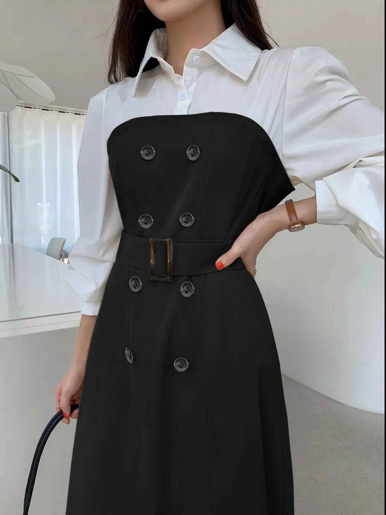 Two Tone Long Sleeve Collared Neck Dress