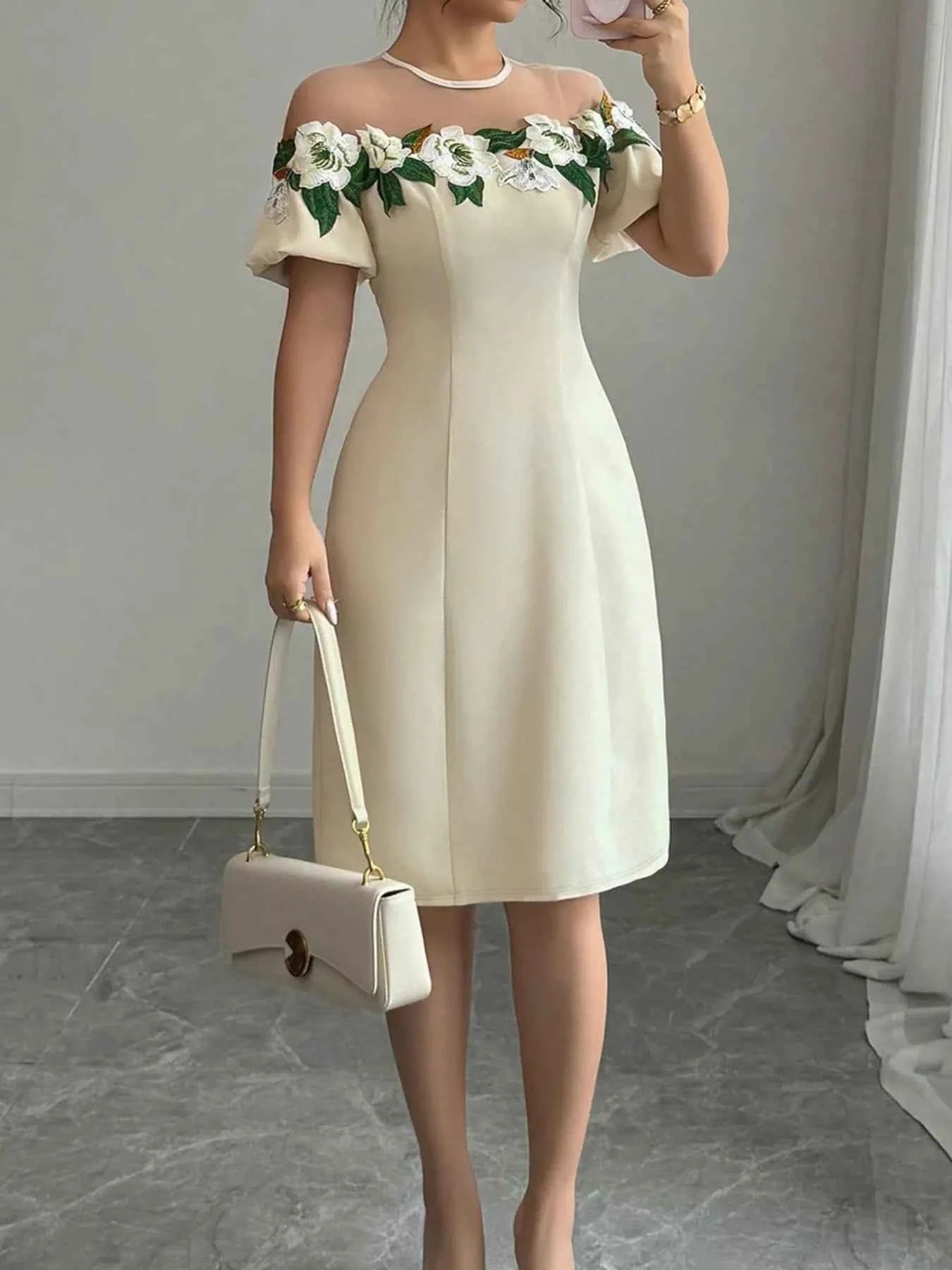Floral Embroidered Puff Sleeve Dress with Mesh Shoulder