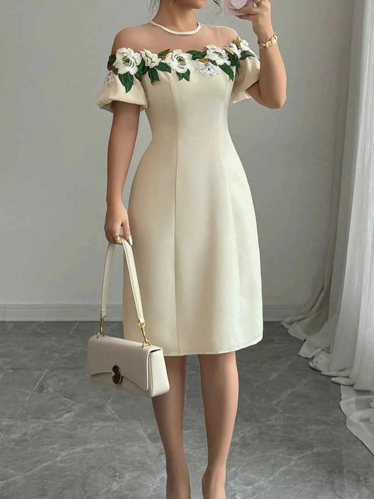Floral Embroidered Puff Sleeve Dress with Mesh Shoulder
