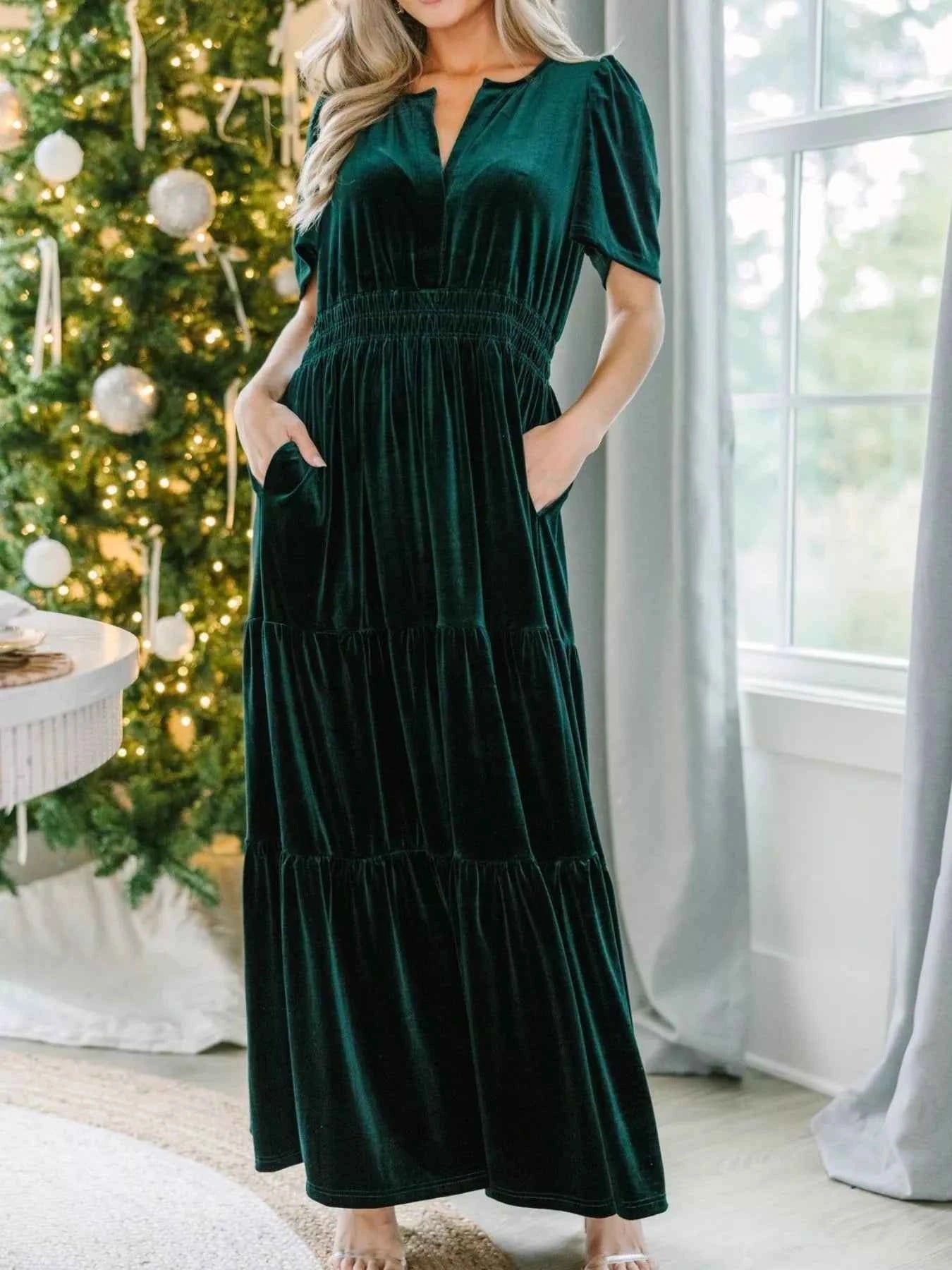 Velvet Tiered Short Sleeve Maxi Dress