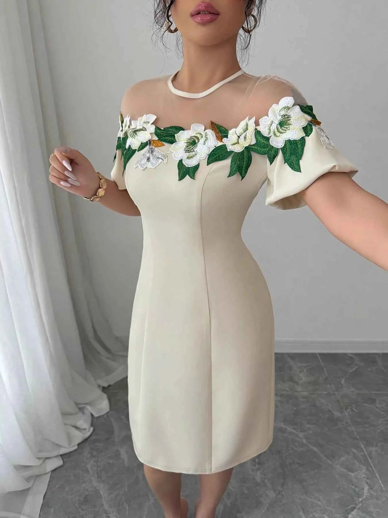 Floral Embroidered Puff Sleeve Dress with Mesh Shoulder