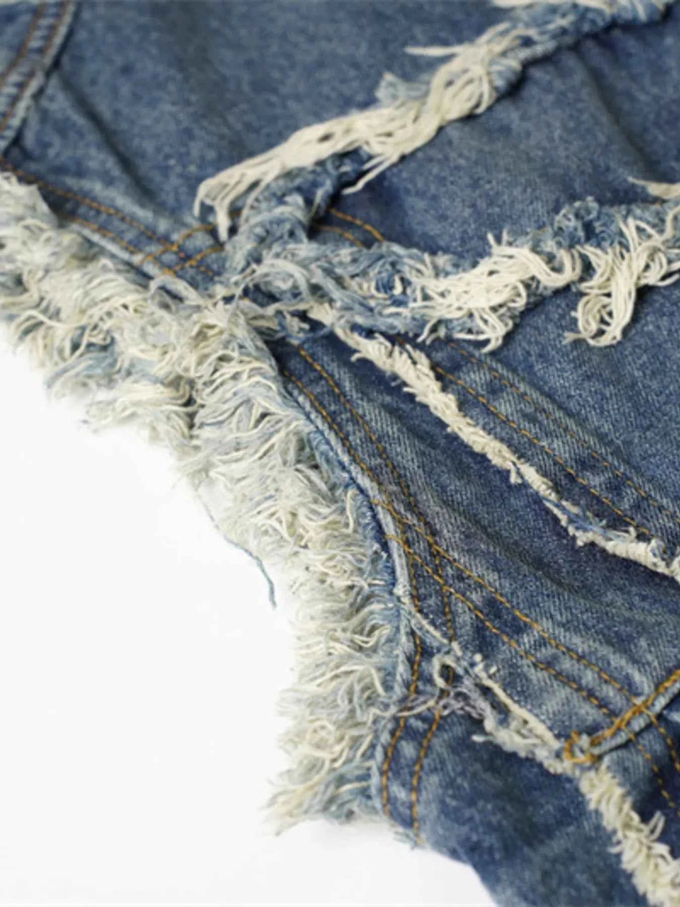 Veste en jean sans manches à boutonnage et ourlet brut - DevilShop