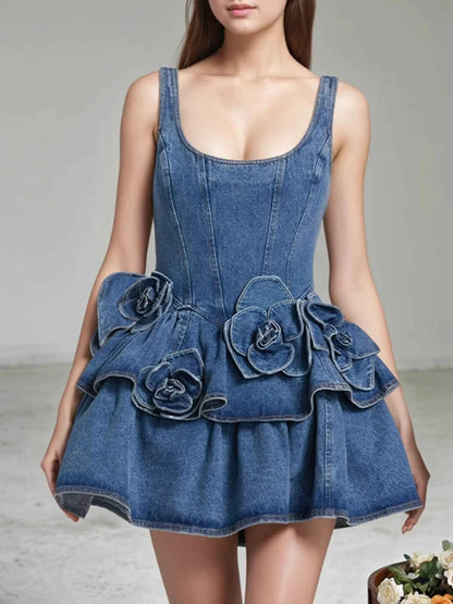Robe en jean à volants et col rond superposés - DevilShop