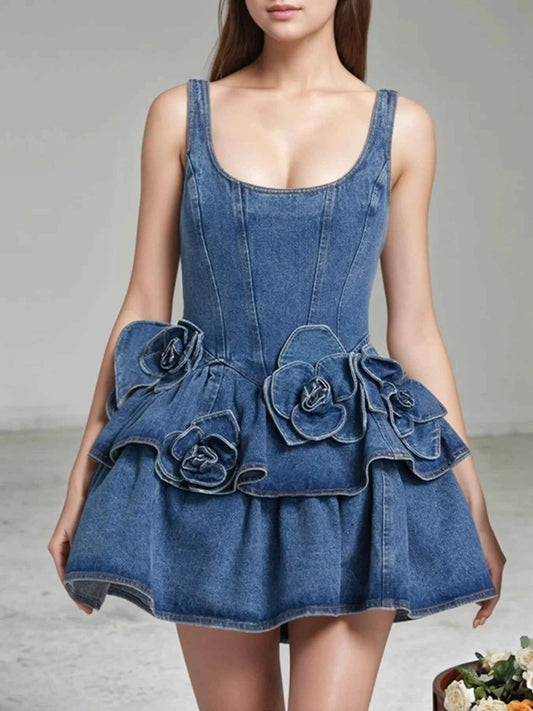 Robe en jean à volants et col rond superposés - DevilShop
