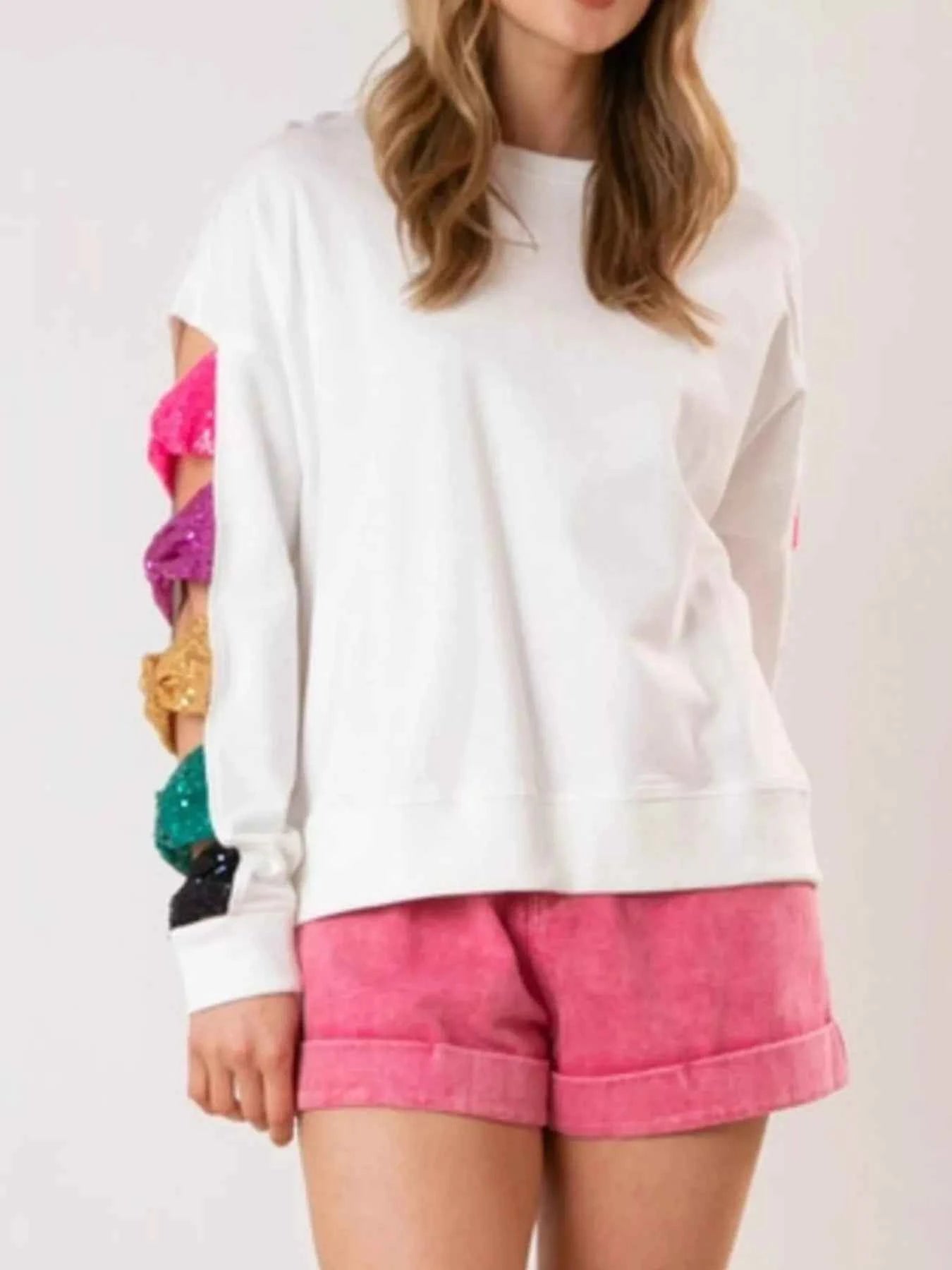 Sequin Bow Cutout Round Neck Sweatshirt