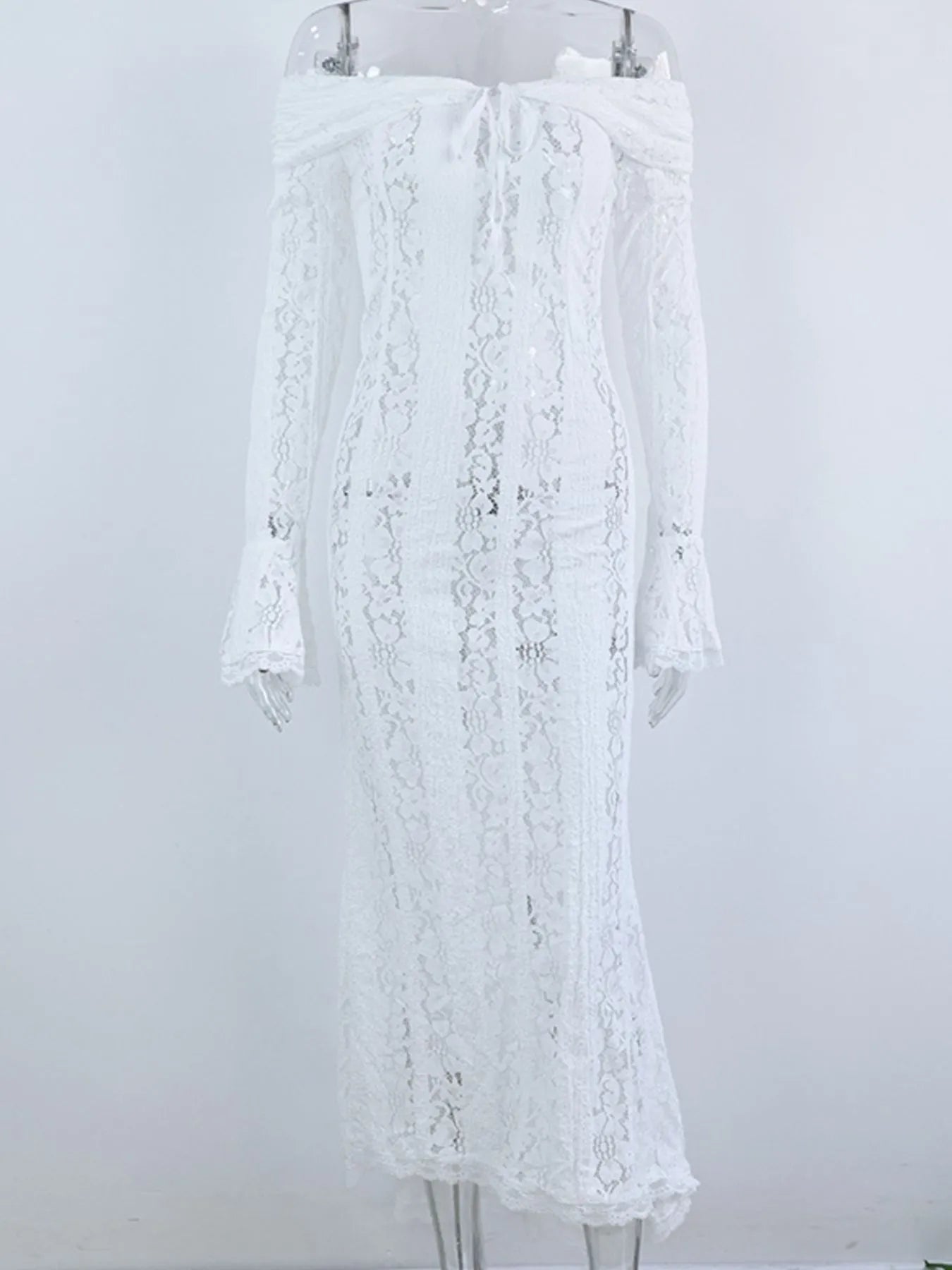 Lace Off-Shoulder Flounce Sleeve Maxi Dress - DevilShop