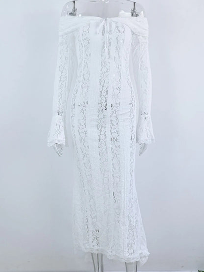 Lace Off-Shoulder Flounce Sleeve Maxi Dress - DevilShop
