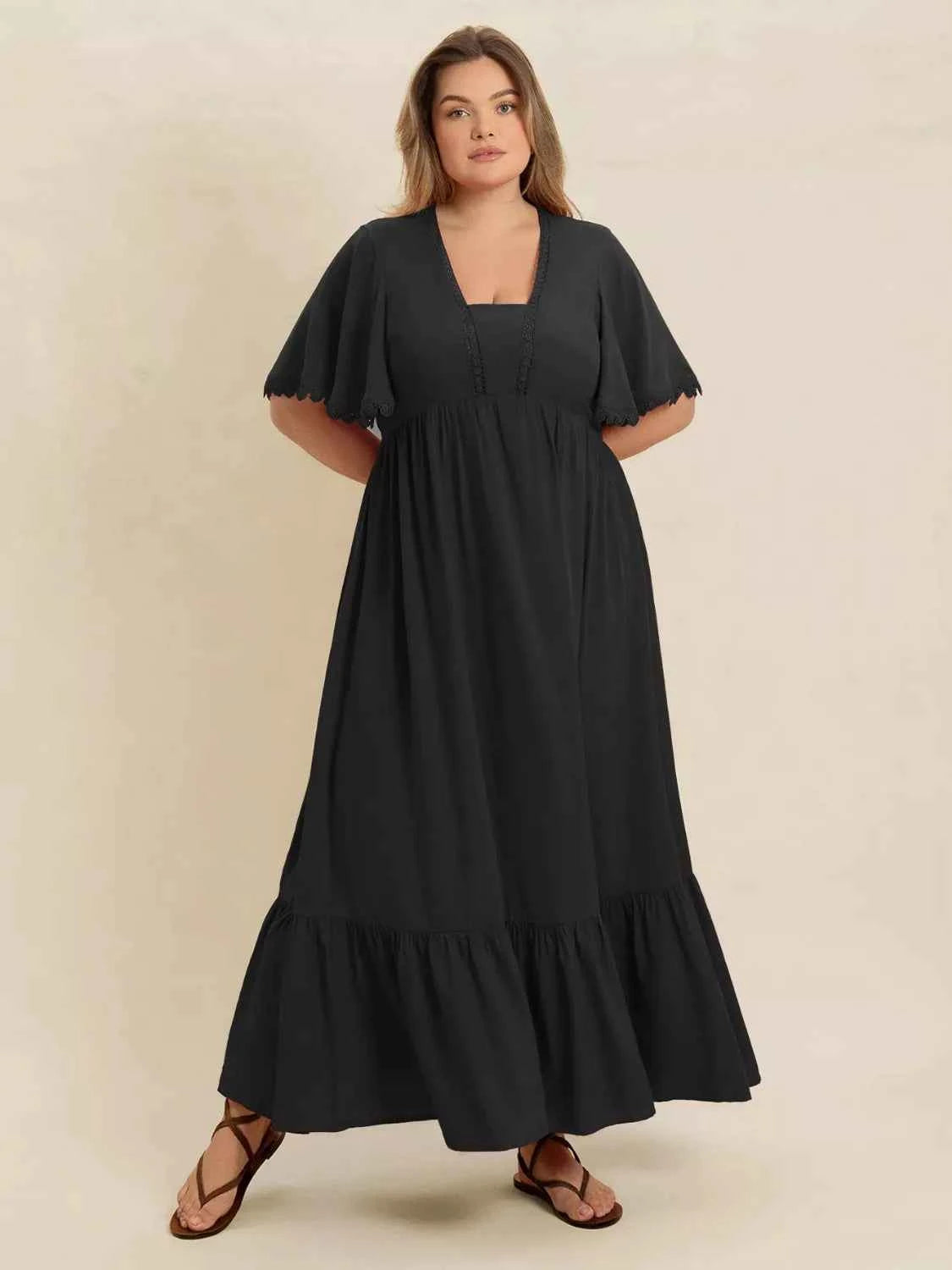 Plus Size Boho Ruffled Maxi Dress with Flutter Sleeves