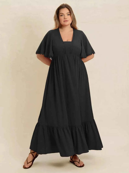 Plus Size Boho Ruffled Maxi Dress with Flutter Sleeves