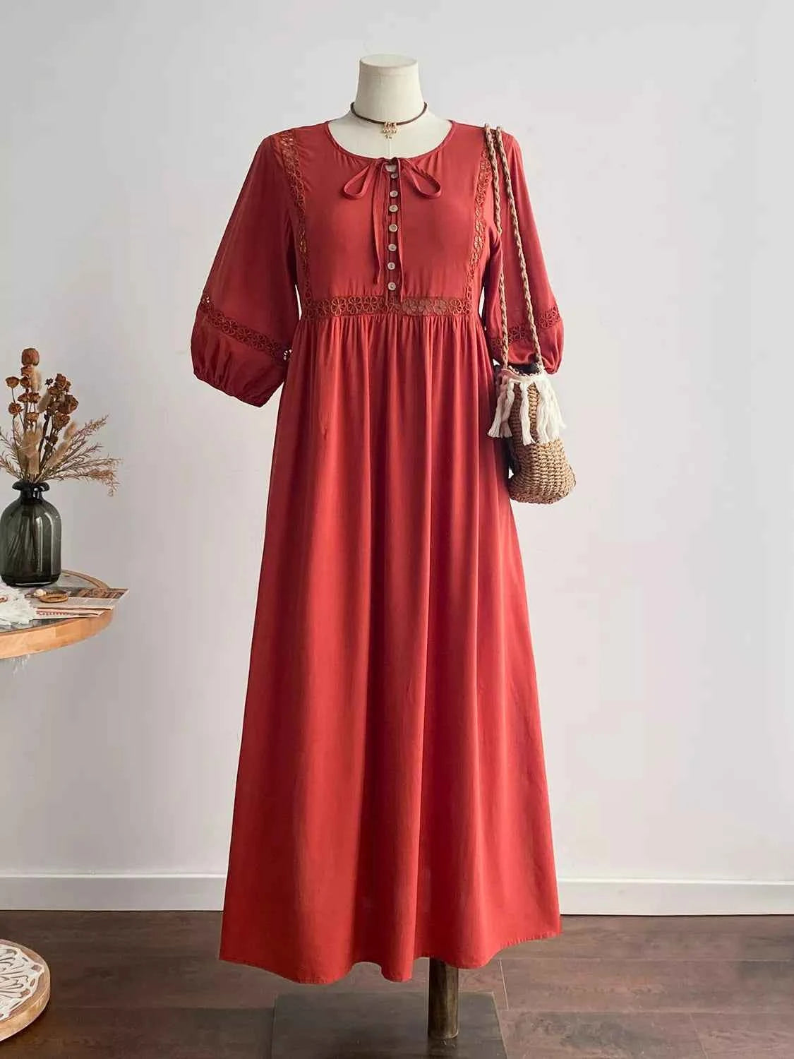 Plus Size Tie Neck Puff Sleeve Midi Dress with Lace Trim
