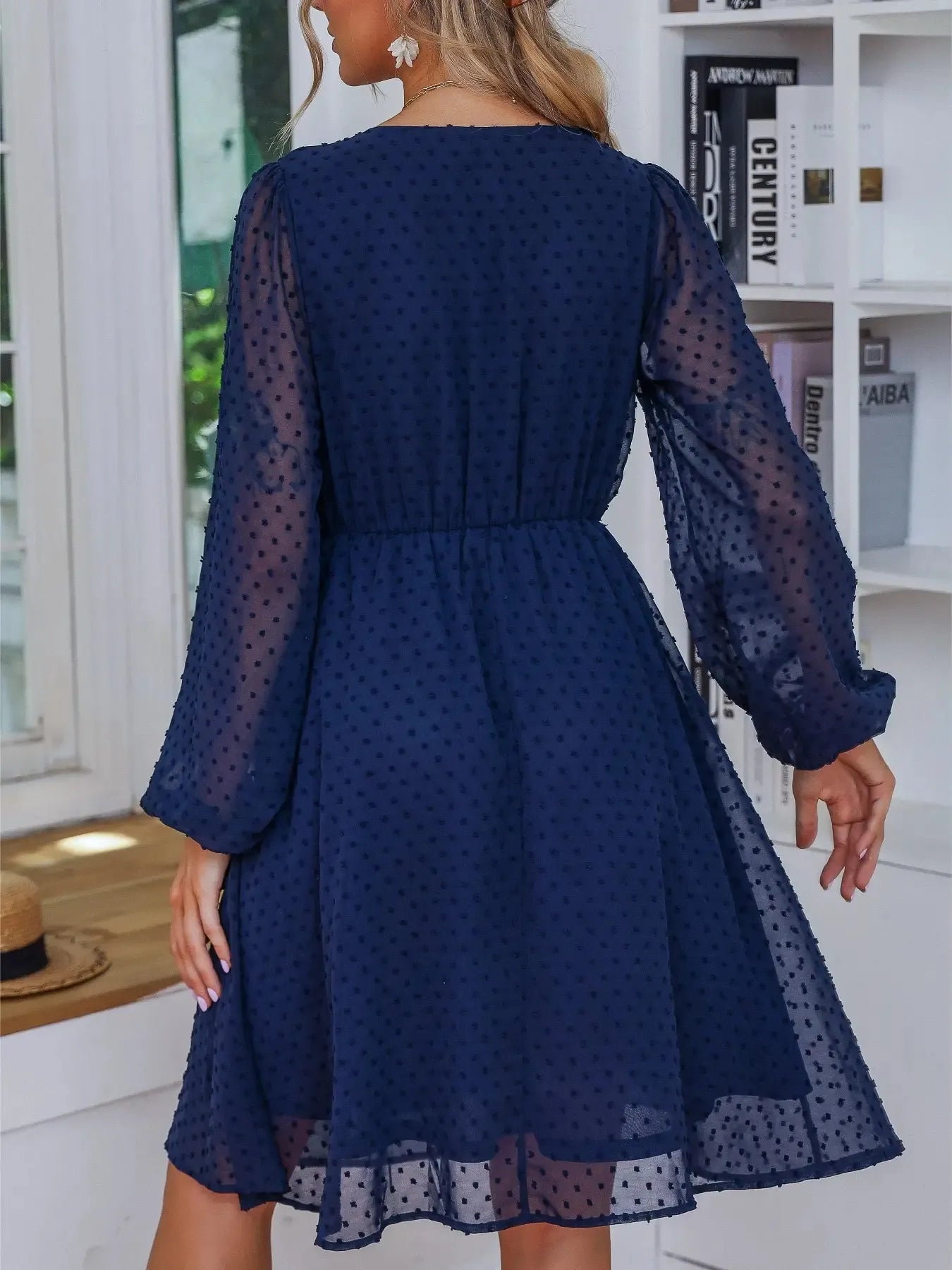 Swiss Dot V-Neck Balloon Sleeve Dress - DevilShop