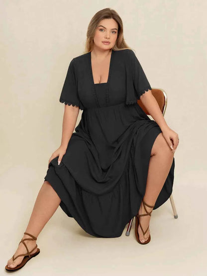 Plus Size Boho Ruffled Maxi Dress with Flutter Sleeves