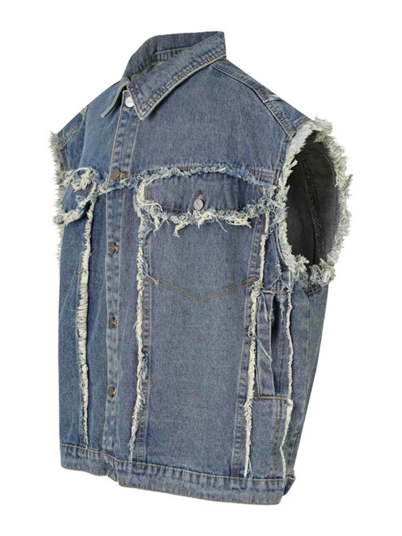 Veste en jean sans manches à boutonnage et ourlet brut - DevilShop