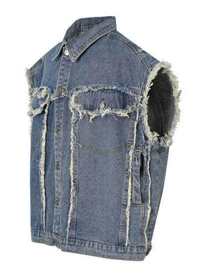 Veste en jean sans manches à boutonnage et ourlet brut - DevilShop