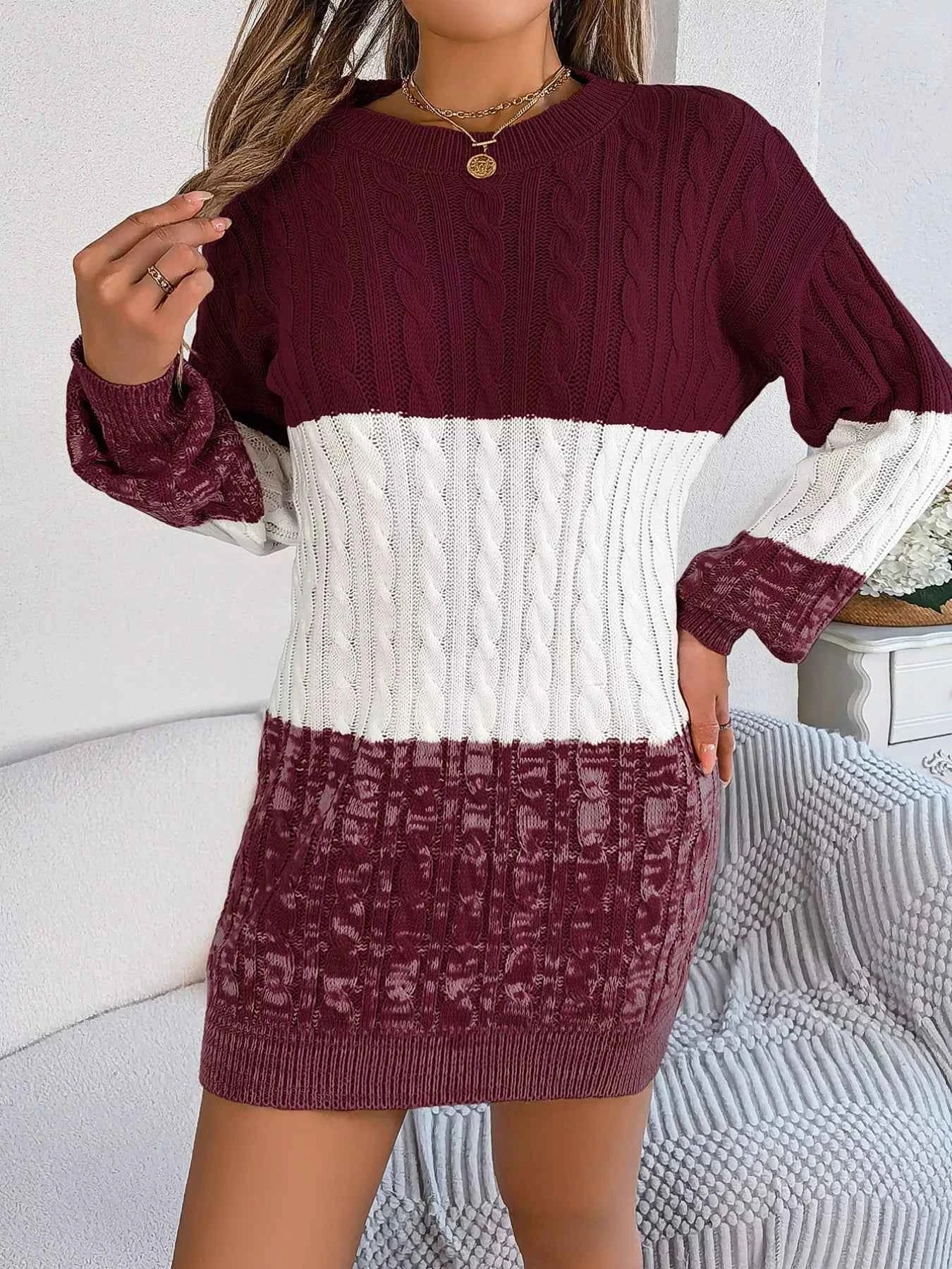 Color Block Cable Knit Sweater Dress with Textured Pattern