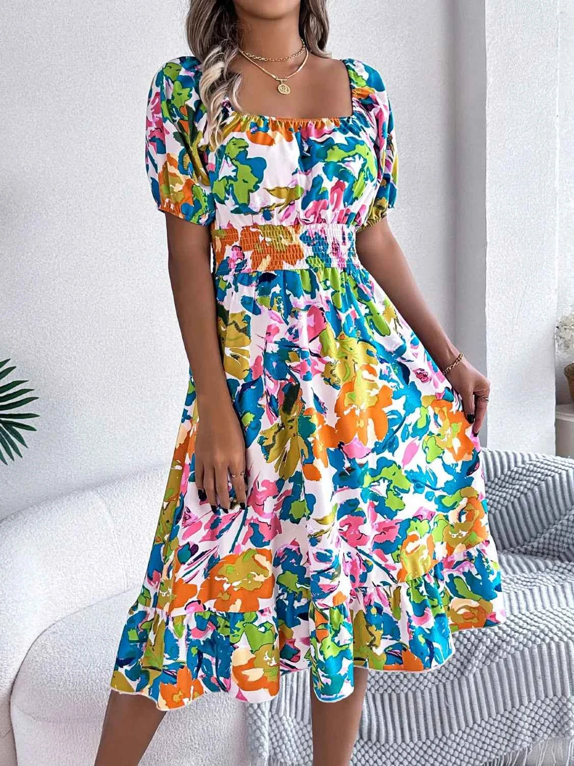 Ruffled Hem Smocked Floral Short Sleeve Midi Dress - DevilShop