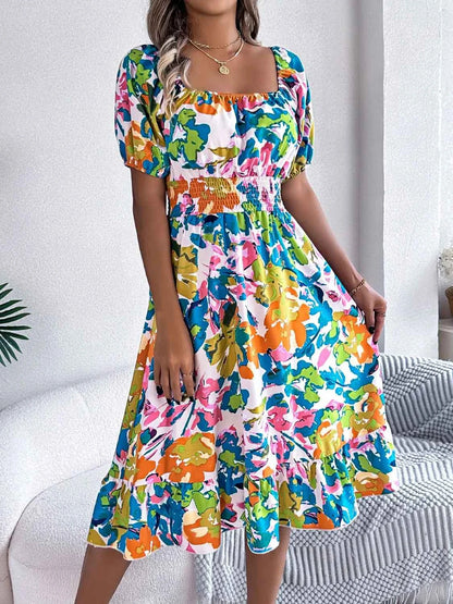 Ruffled Hem Smocked Floral Short Sleeve Midi Dress - DevilShop