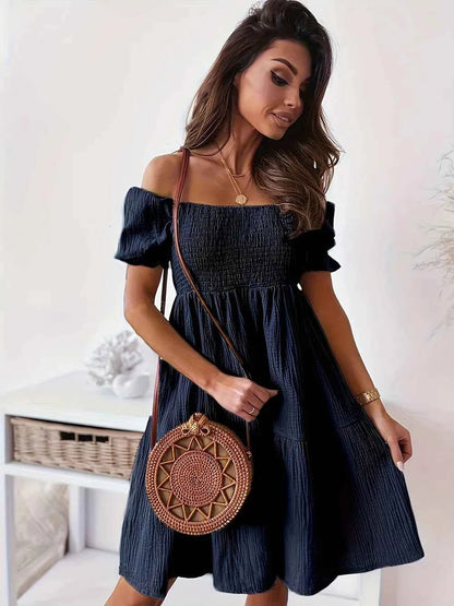 Robe à volants épaules dénudées avec manches courtes - DevilShop