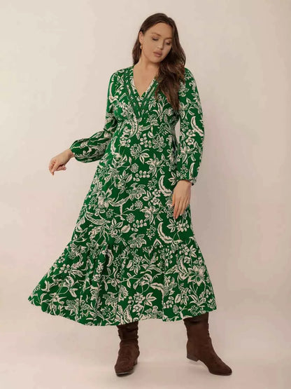 Plus Size Botanical Print Long Sleeve Midi Dress