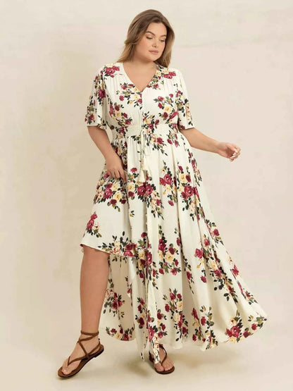 Plus Size Floral Flutter Sleeve Maxi Dress with Button Front