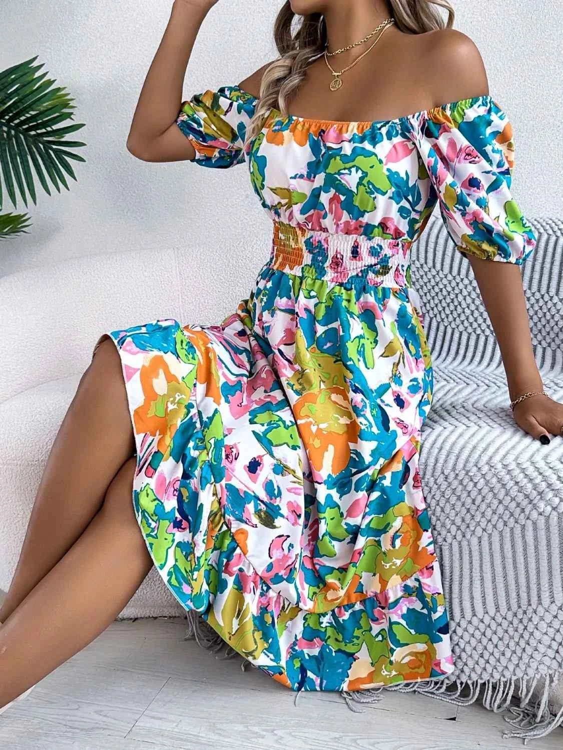 Ruffled Hem Smocked Floral Short Sleeve Midi Dress - DevilShop