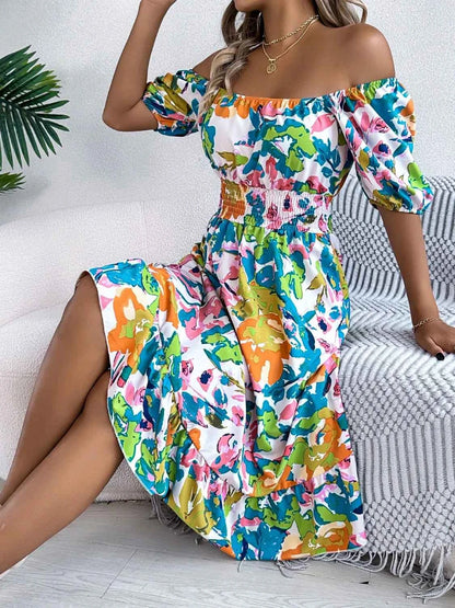 Ruffled Hem Smocked Floral Short Sleeve Midi Dress - DevilShop