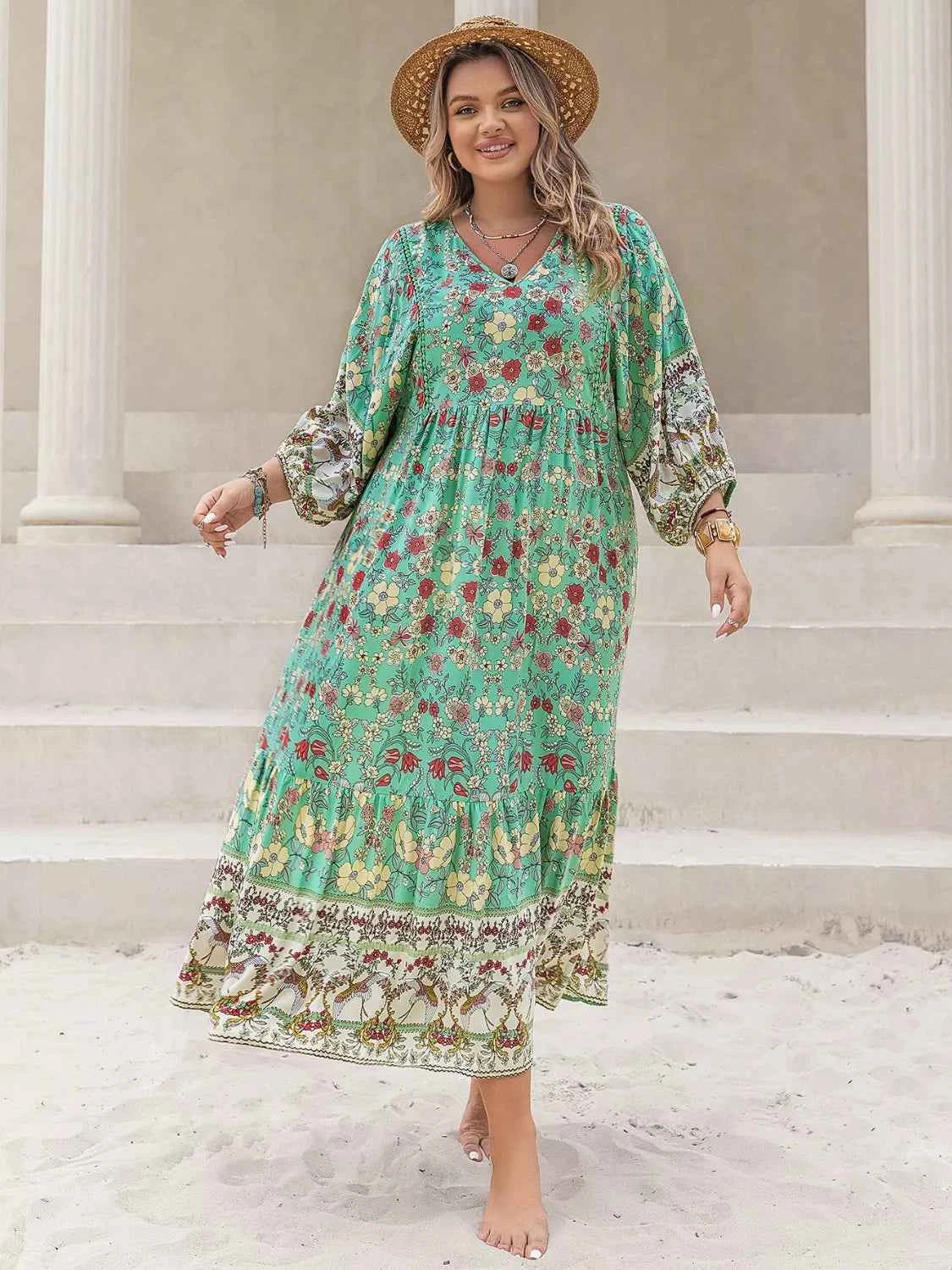 Plus Size Bohemian Floral Print Long Sleeve Midi Dress