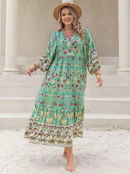Plus Size Bohemian Floral Print Long Sleeve Midi Dress
