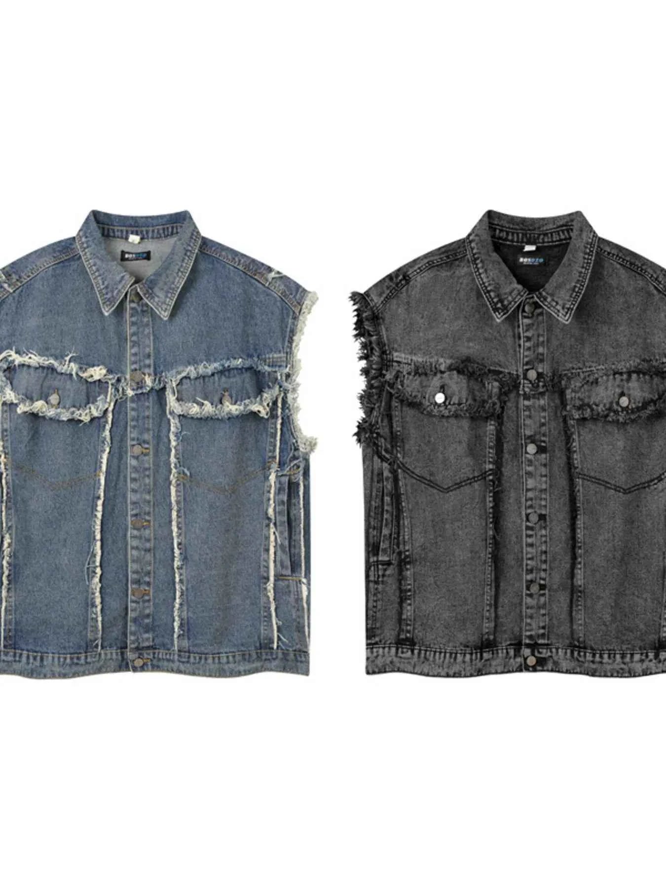 Veste en jean sans manches à boutonnage et ourlet brut - DevilShop
